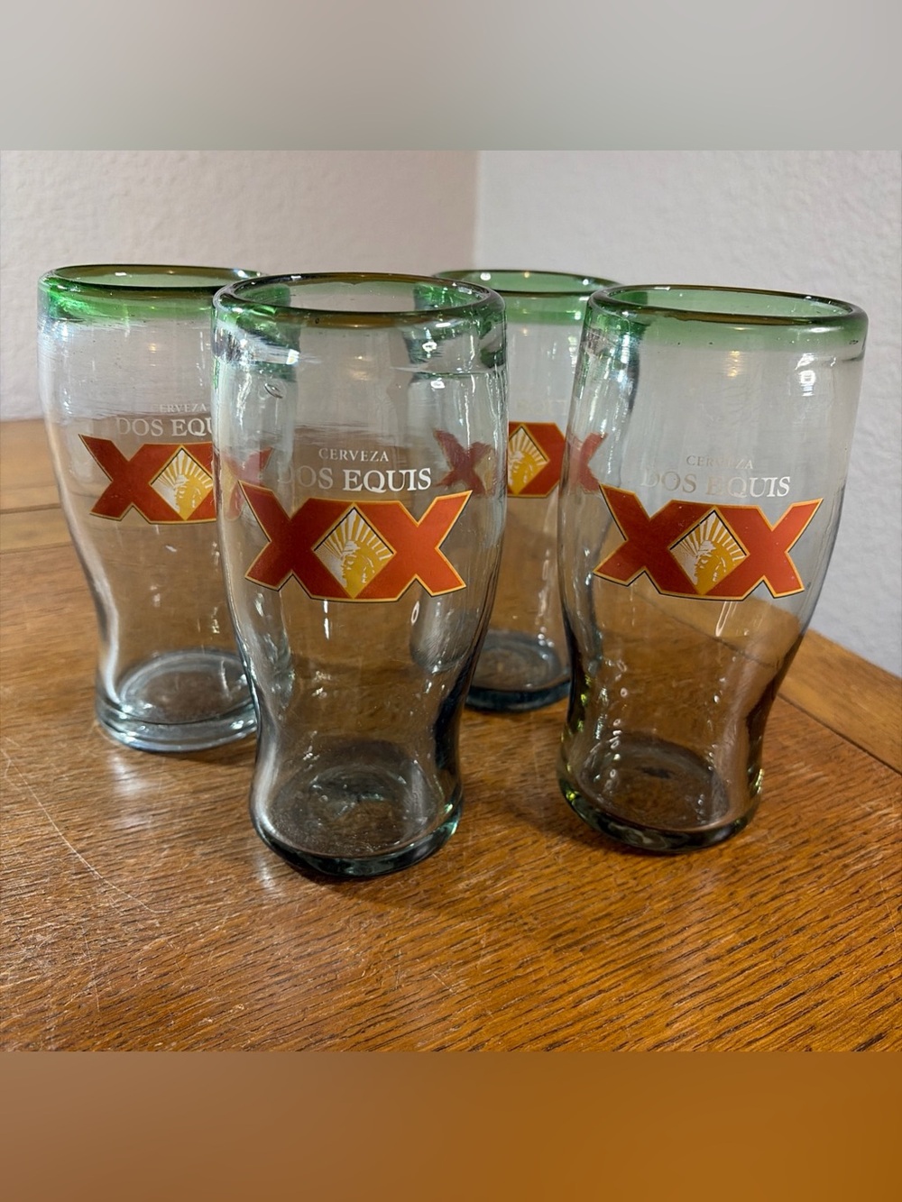 Dos Equis XX Hand Blown Beer Glasses  Heavyweight Thick Bubbles Green Rim Set 4